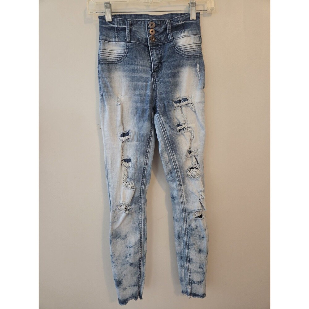 NOBO Distressed High Rise Sculpting Skinny Jean Size 1 Acid Wash Shredded Brat